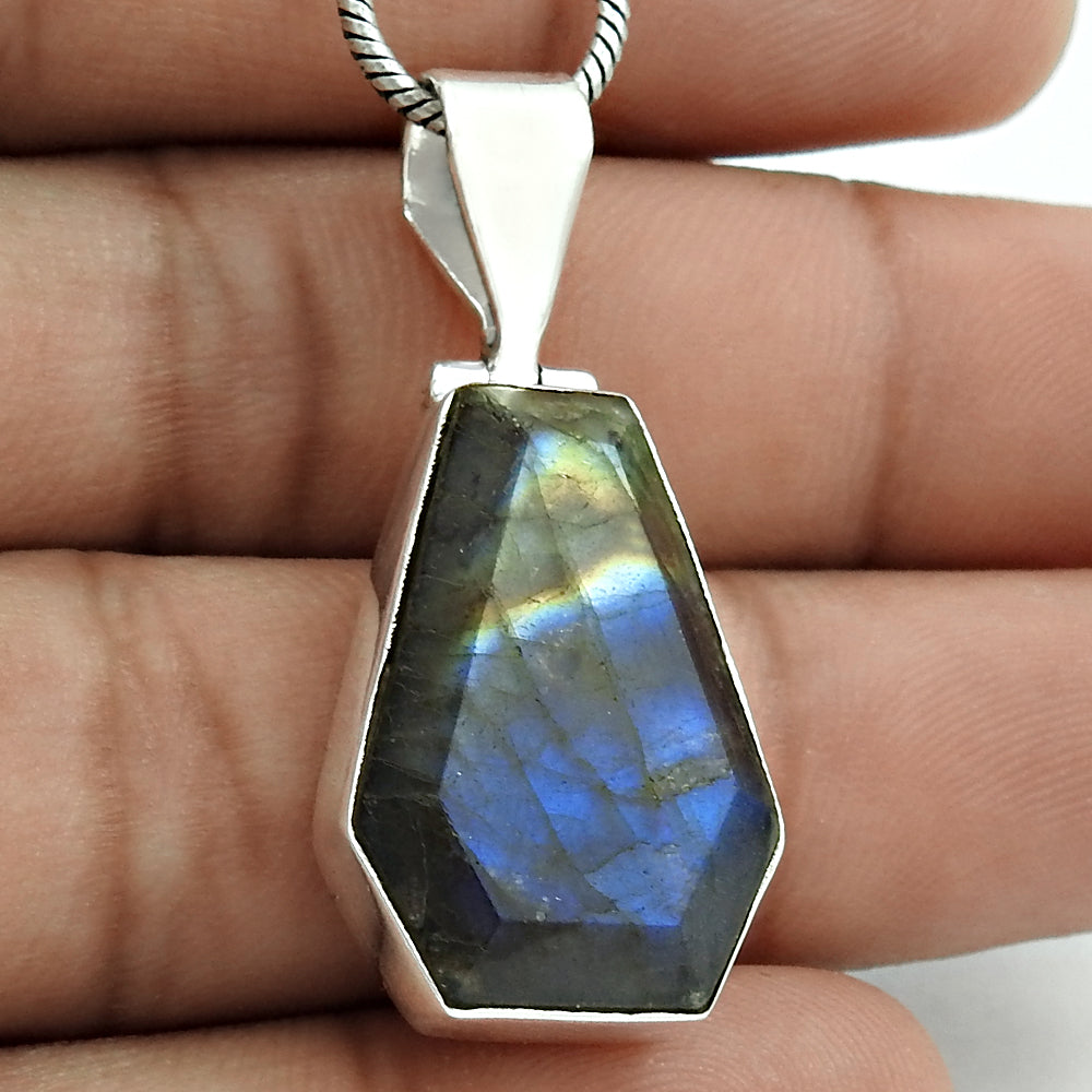Natural Labradorite Gemstone 925 Sterling Silver Pendant Coffin For Women Y14