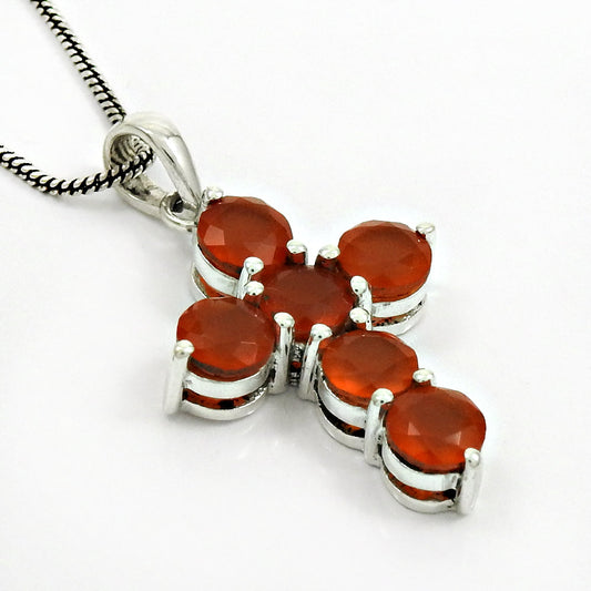 Round Natural Carnelian Sterling Silver Wedding Cross Anniversary Boho Pendant