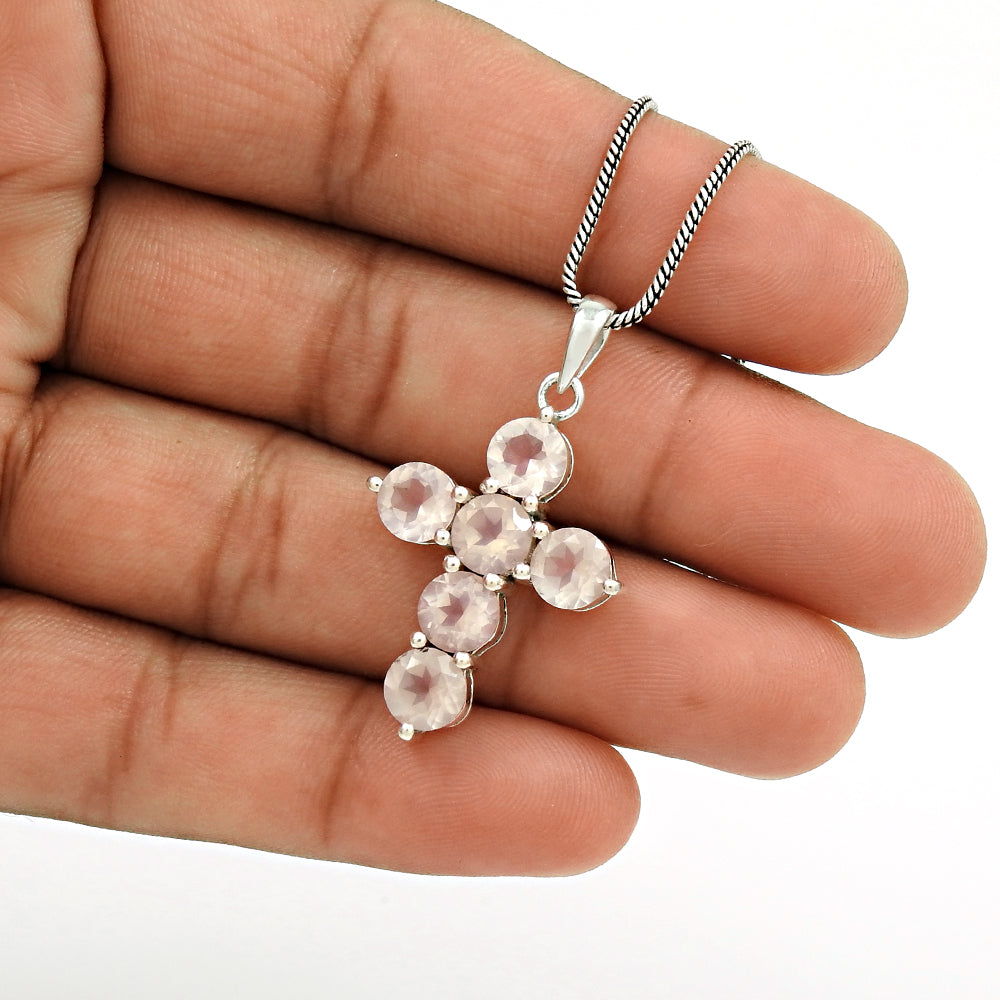 Heart Chakra Round Natural Rose Quartz 925 Sterling Silver Cross Bezel Pendant