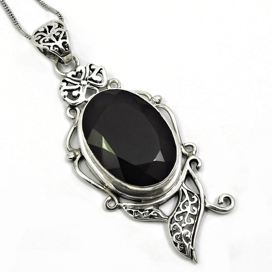 August Birth Natural Black Onyx Sisters Day Ethnic Artisan Pendant 925 Sterling Silver