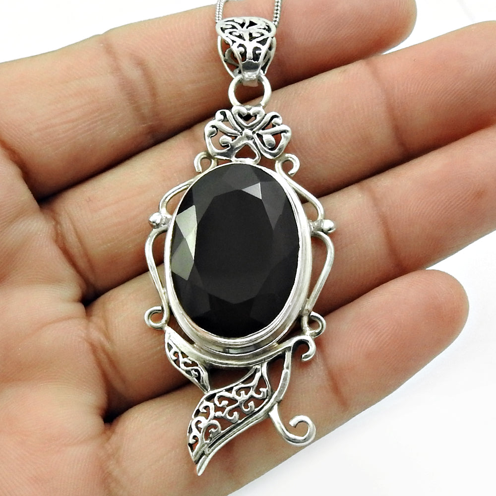 August Birth Natural Black Onyx Sisters Day Ethnic Artisan Pendant 925 Sterling Silver