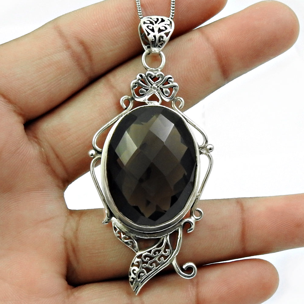 Natural Smoky Quartz Gemstone Pendant Antique Look 925 Silver For Women M15
