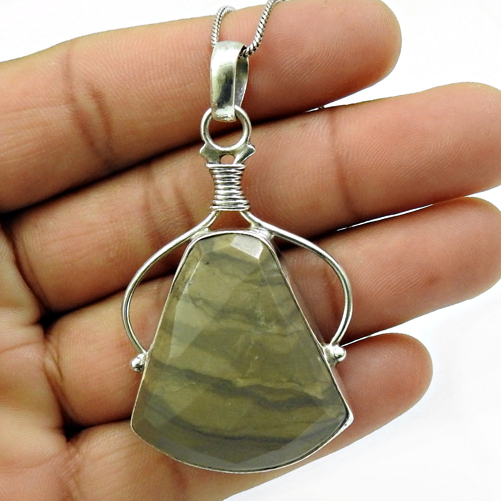 Natural Desert Jasper Gemstone Pendant Ethnic Gray 925 Sterling Silver N7