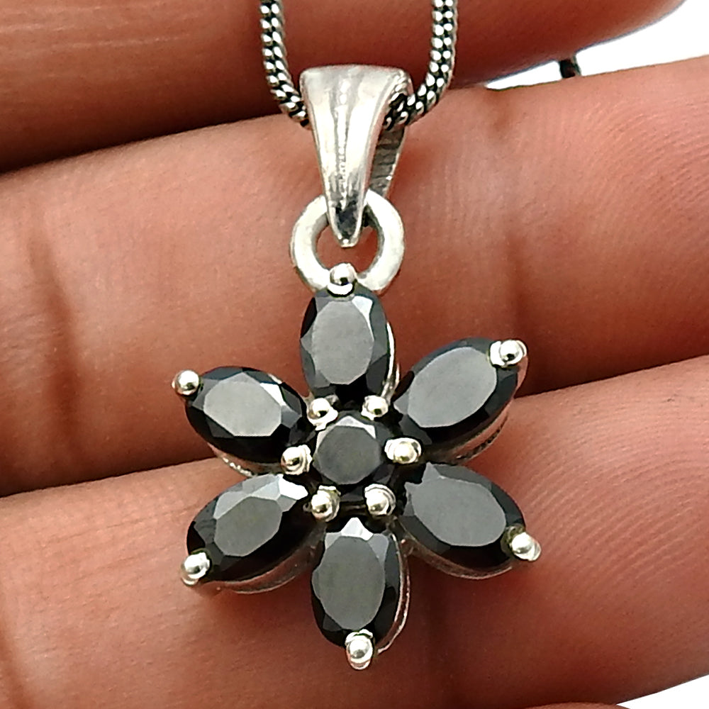 August Birth Oval Natural Black Onyx Sterling Silver Flower Bezel Daughter New Pendant