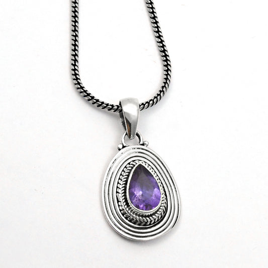 Pear February Amethyst Gemstone 925 Solid Silver Birthday Mother Bezel Pendant