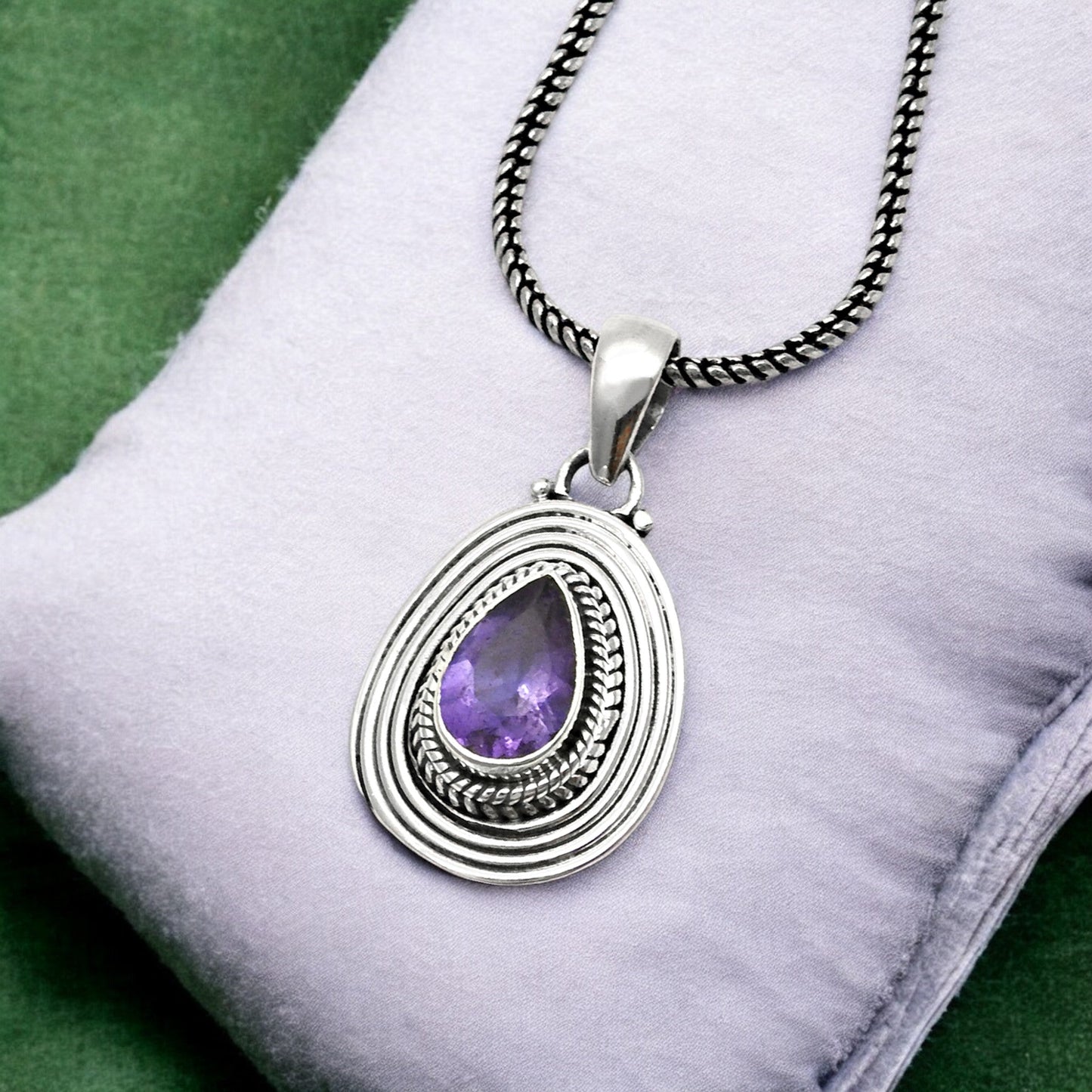 Pear February Amethyst Gemstone 925 Solid Silver Birthday Mother Bezel Pendant