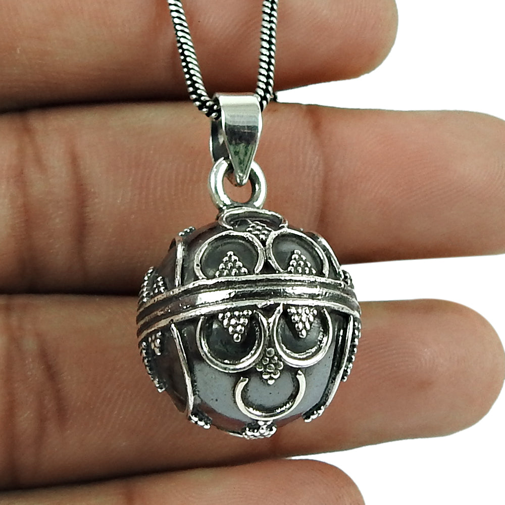 Solid 925 Oxidized Silver Ball Pendant
