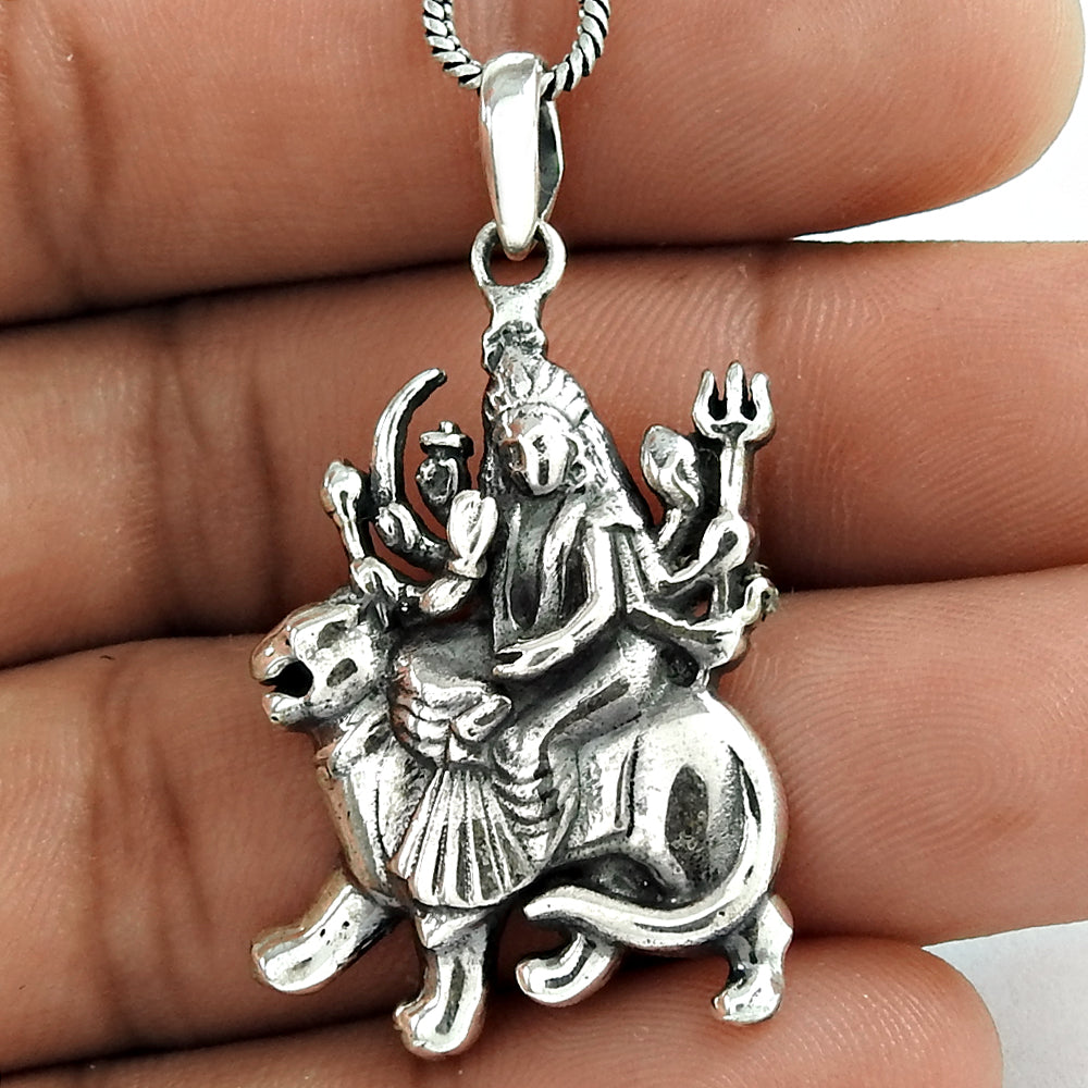 Solid 925 Sterling Silver Goddess Durga Pendant Indian Jewelry