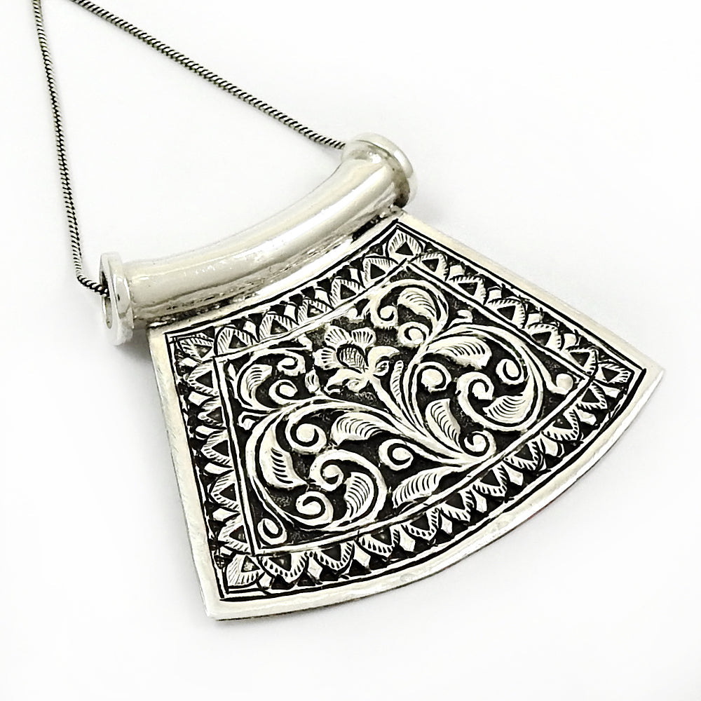 Vintage 925 Silver Engraved Artisan Pendant Tribal Jewelry