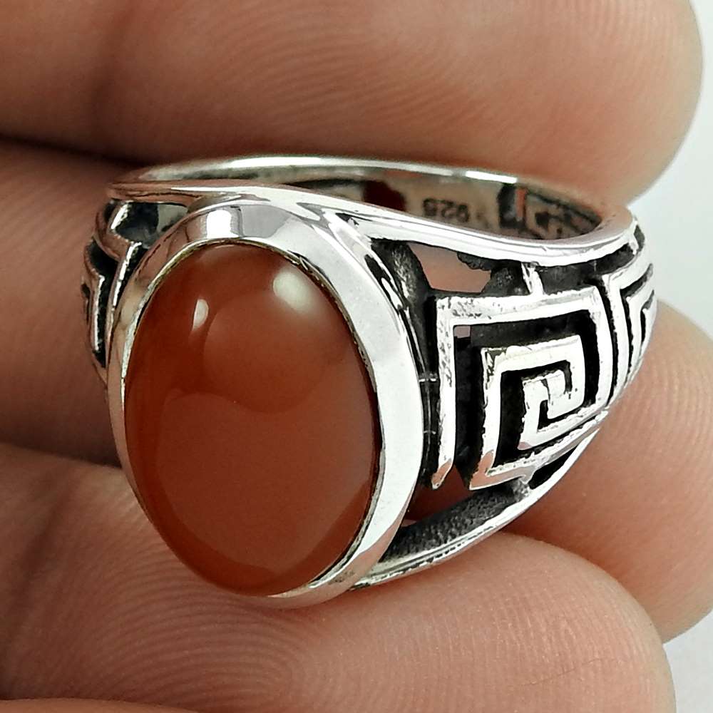 Gift For Woman Natural Carnelian Solitaire Tribal Ring 925 Silver S34