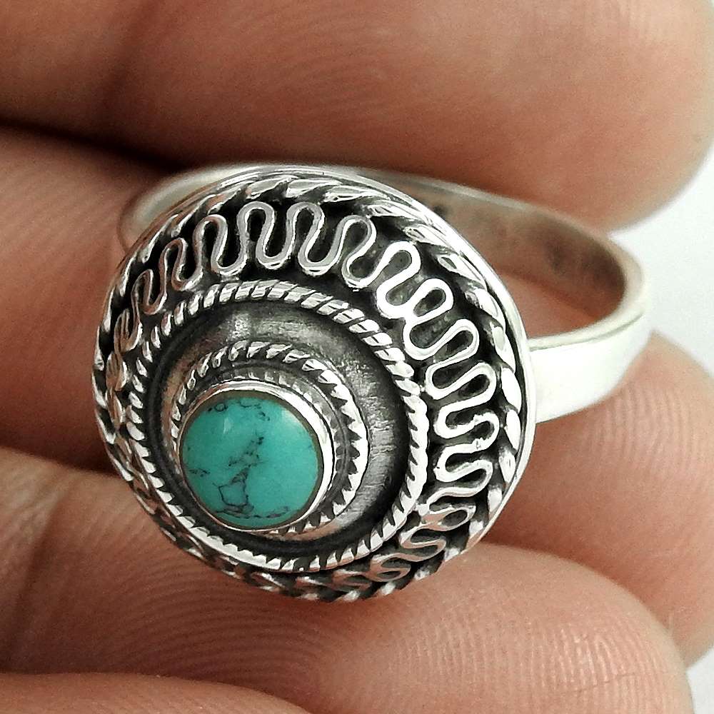 Natural Turquoise Gemstone Cocktail Tribal Ring 925 Silver For Women C52