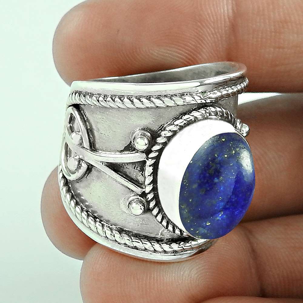 Gift For Her Natural Lapis Lazuli Solitaire Tribal Ring 925 Silver S59