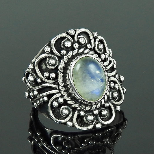 Gift For Woman Girl 925 Silver Natural Rainbow Moonstone Solitaire Ring