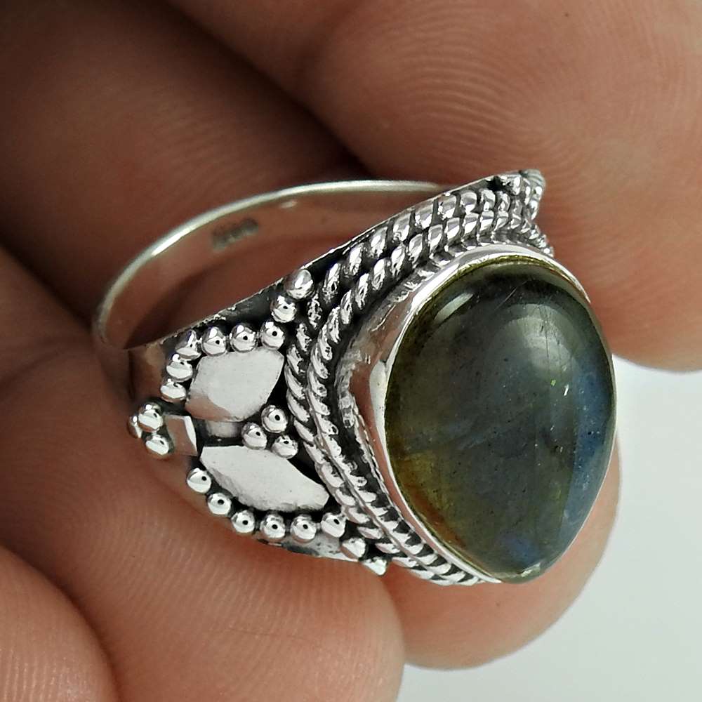 Natural Labradorite 925 Silver Solitaire Bohemian Ring For Women J52