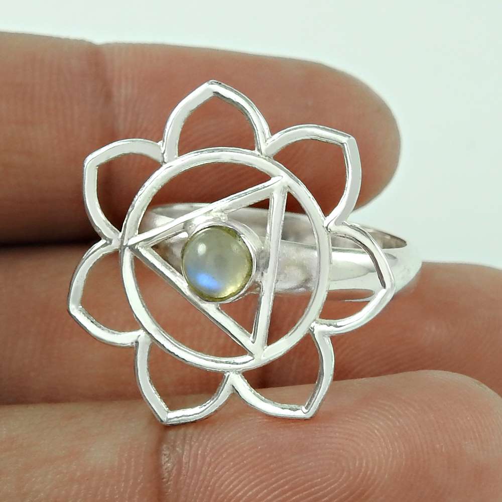Natural Rainbow Moonstone 925 Sterling Silver Ethnic Flower Cocktail Ring