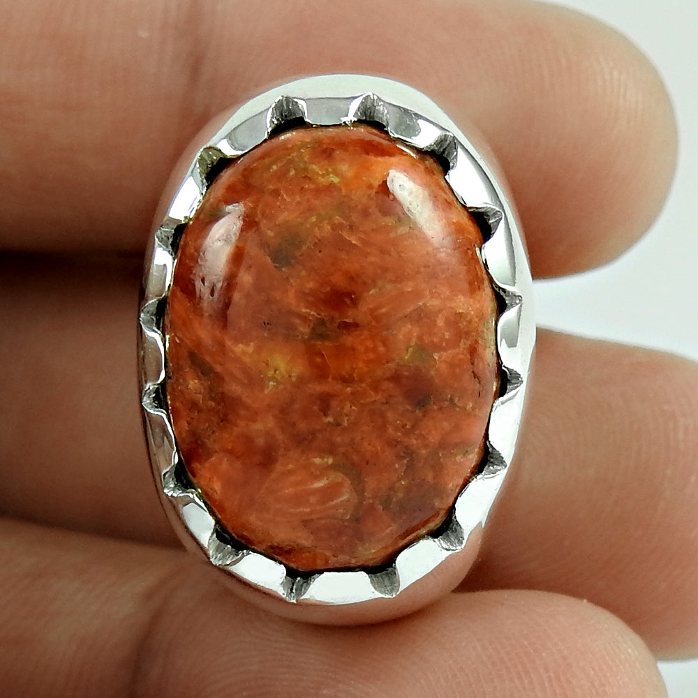 Gift For Her Natural Taiwan Coral Cocktail Bohemian Ring 925 Silver E9