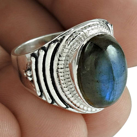 Natural Labradorite Gemstone 925 Silver Solitaire Boho Ring For Girls P8