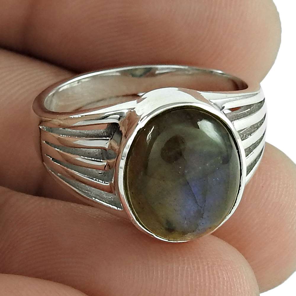 Gift For Her 925 Silver Natural Labradorite Solitaire Bohemian Ring E4