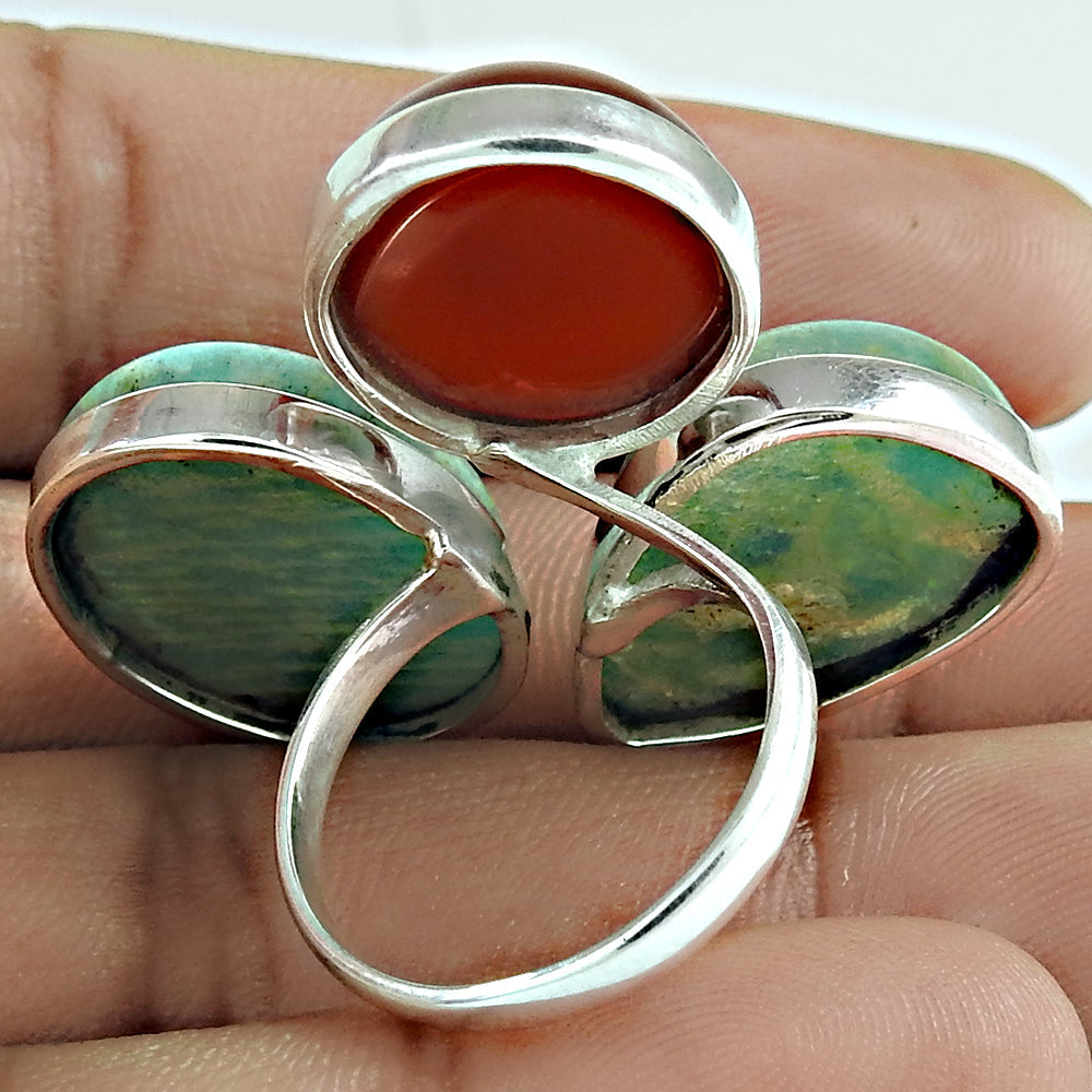 Solid 925 Sterling Silver Natural Amazonite Carnelian Statement Ring
