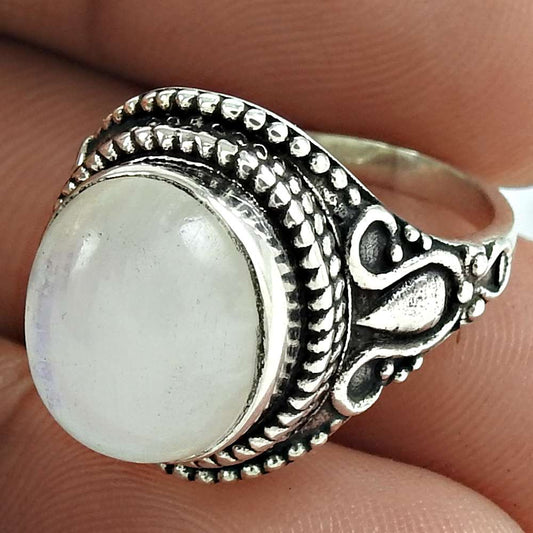 Sterling Silver Oval Natural Rainbow Moonstone Wife Tribal Statement Ring