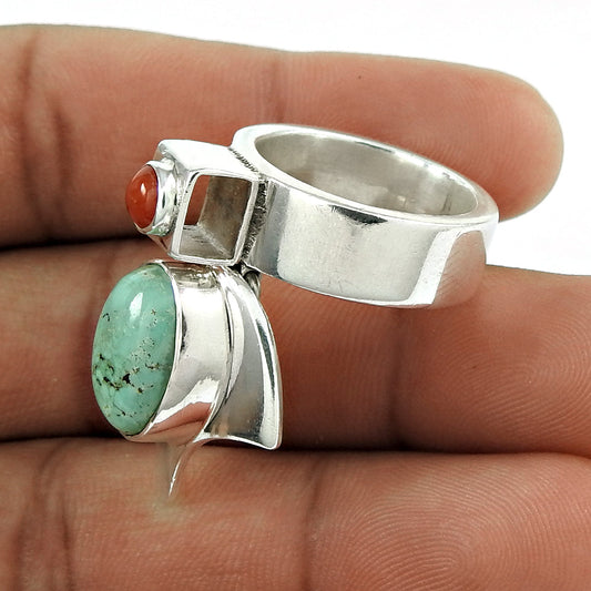 Natural Coral Turquoise Gemstone 925 Silver Unique Ring Pendant