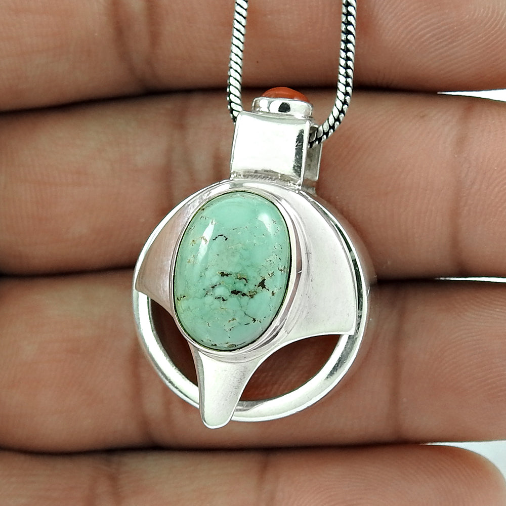Natural Coral Turquoise Gemstone 925 Silver Unique Ring Pendant