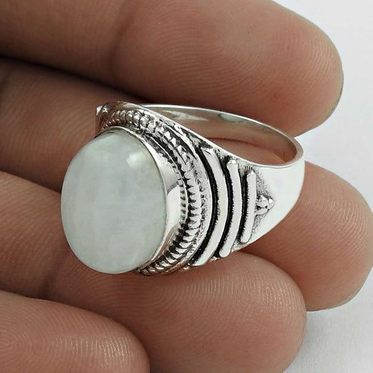 Solitaire Tribal Ring 925 Silver Natural Rainbow Moonstone E4