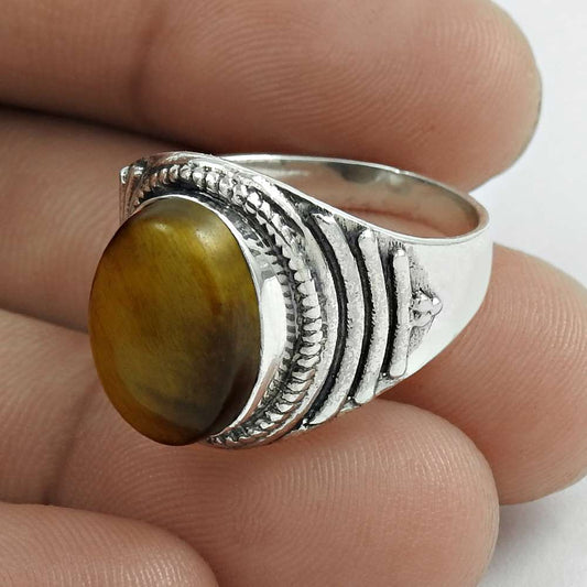 Natural Tiger Eye Statement Tribal Ring 925 Silver For Women K4