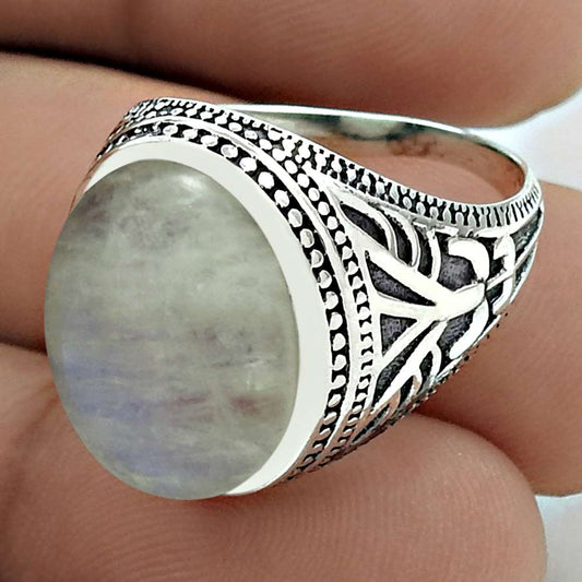 925 Silver Natural Rainbow Moonstone Solitaire Tribal Ring E5