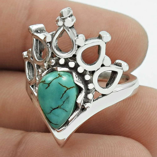 Throat Chakra Natural Turquoise 925 Sterling Silver Cocktail Crown Ring