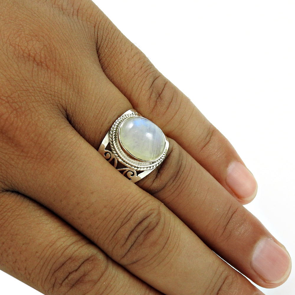 Natural Rainbow Moonstone Gemstone Band Ring 925 Silver For Girls O7
