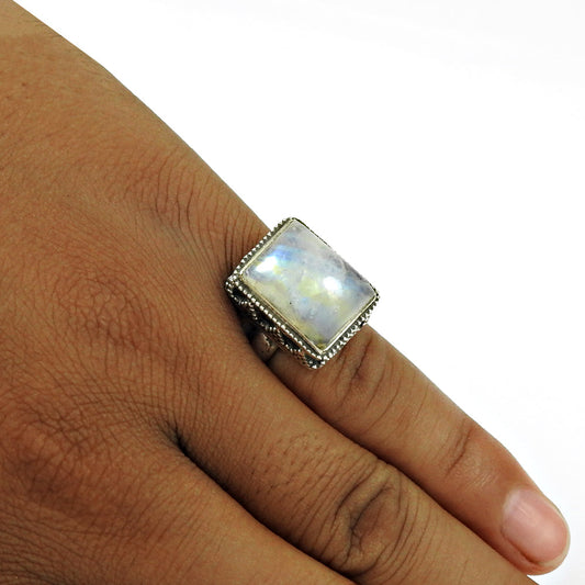 Natural Rainbow Moonstone Cocktail Bohemian Ring 925 Silver For Women P69