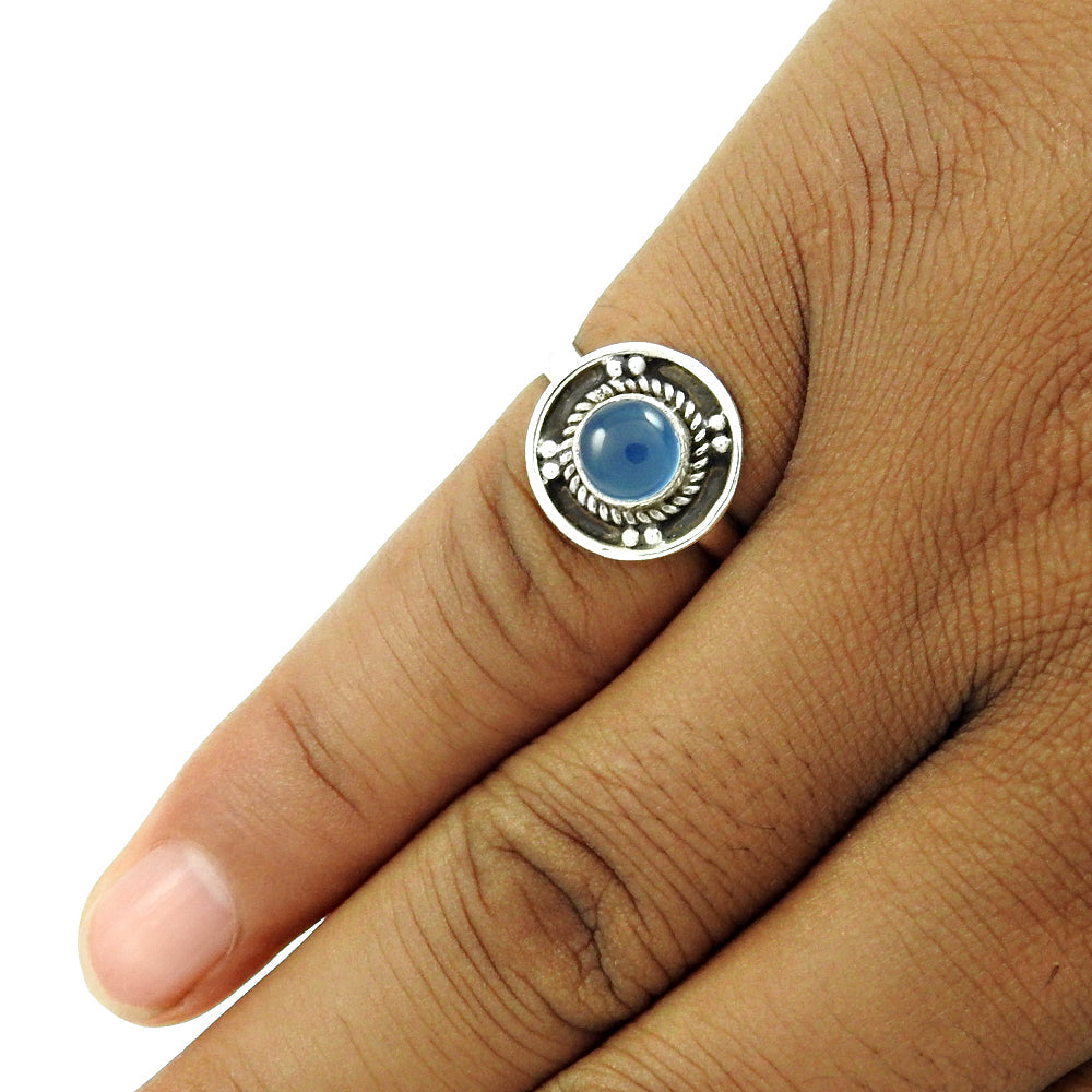 Gift For Woman Statement Boho Ring 925 Silver Natural Chalcedony E8