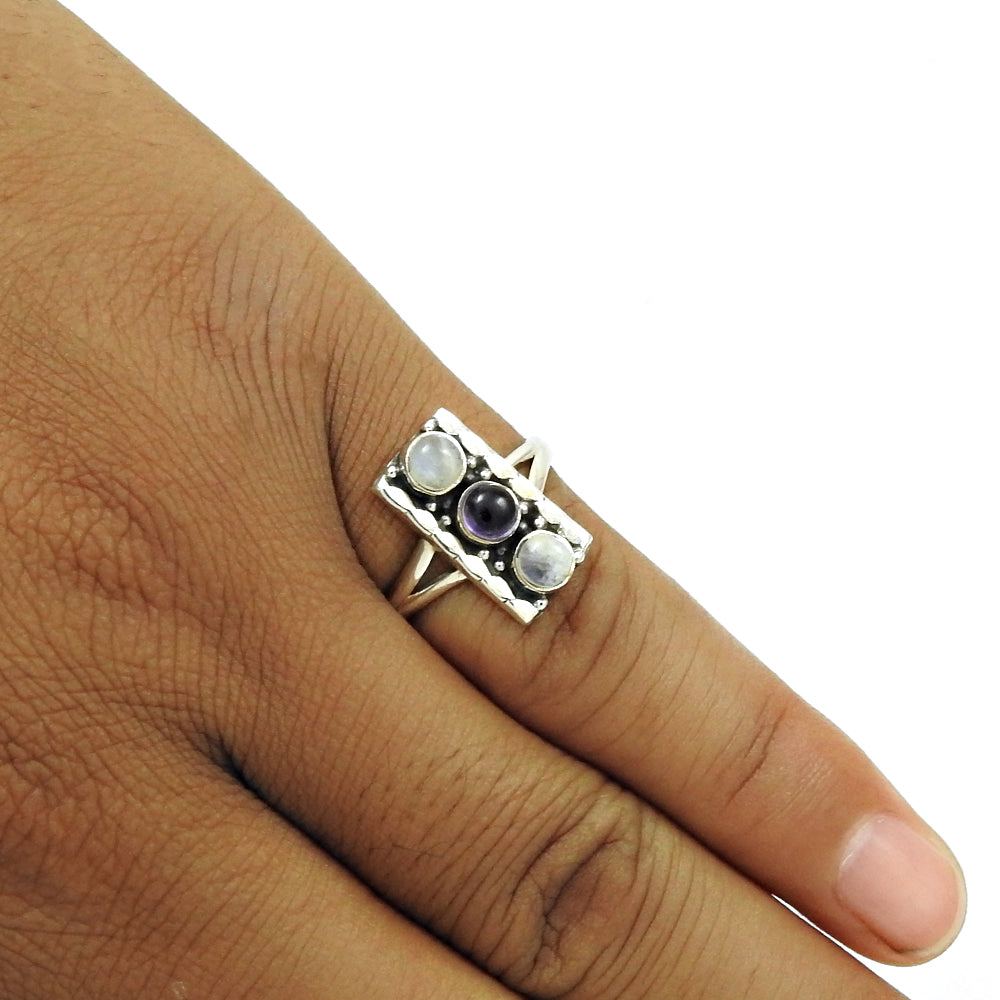 Natural Amethyst Rainbow Moonstone Cocktail Ring 925 Sterling Silver A19
