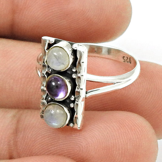 Natural Amethyst Rainbow Moonstone Cocktail Ring 925 Sterling Silver A19