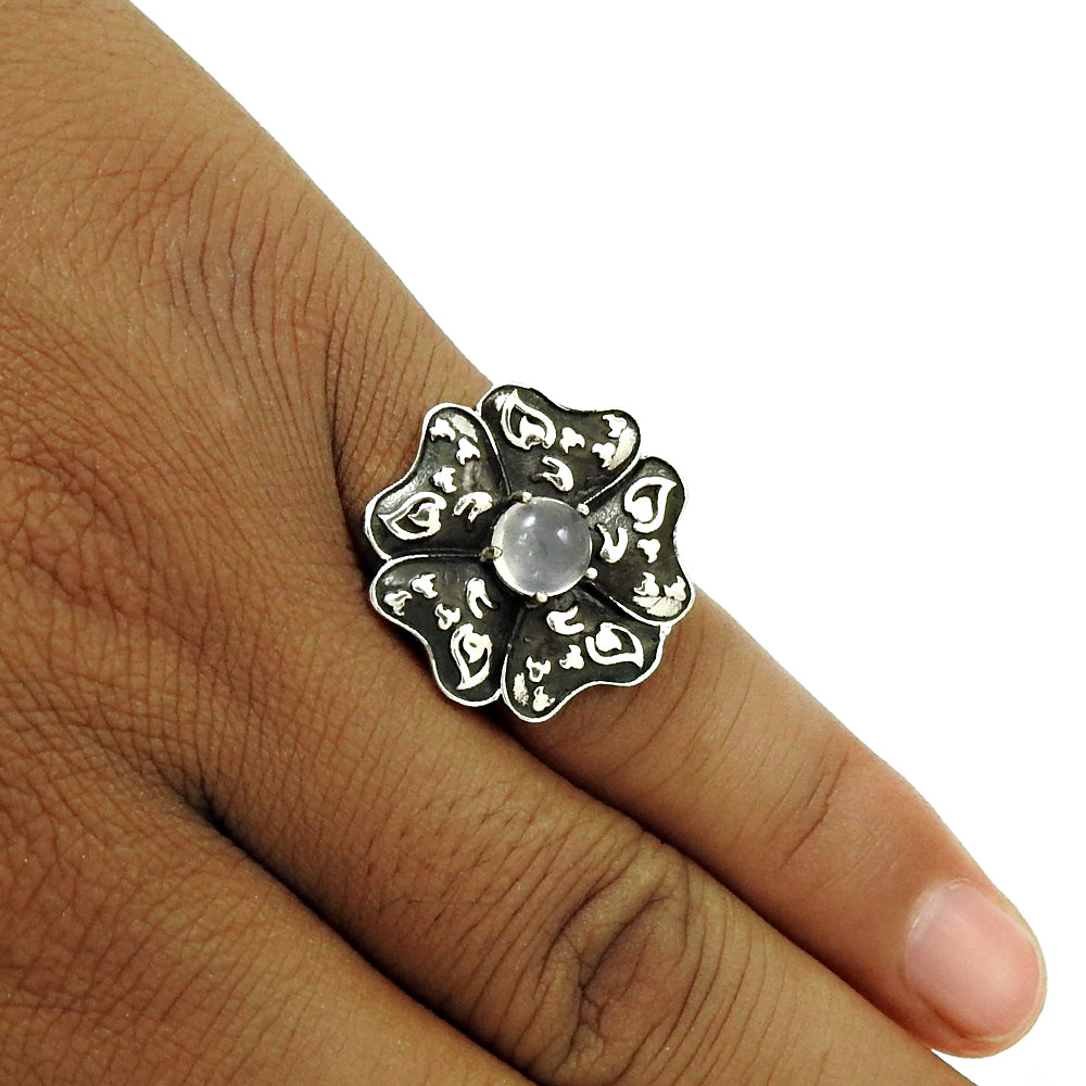 Natural Rose Quartz Statement Flower Ring 925 Oxidized Silver Jewelry U5