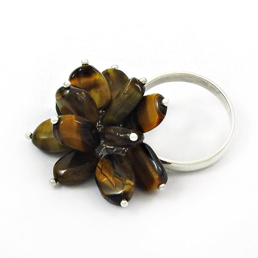 Natural Tiger Eye Gemstone Beaded Brown Ring 925 Sterling Silver M8