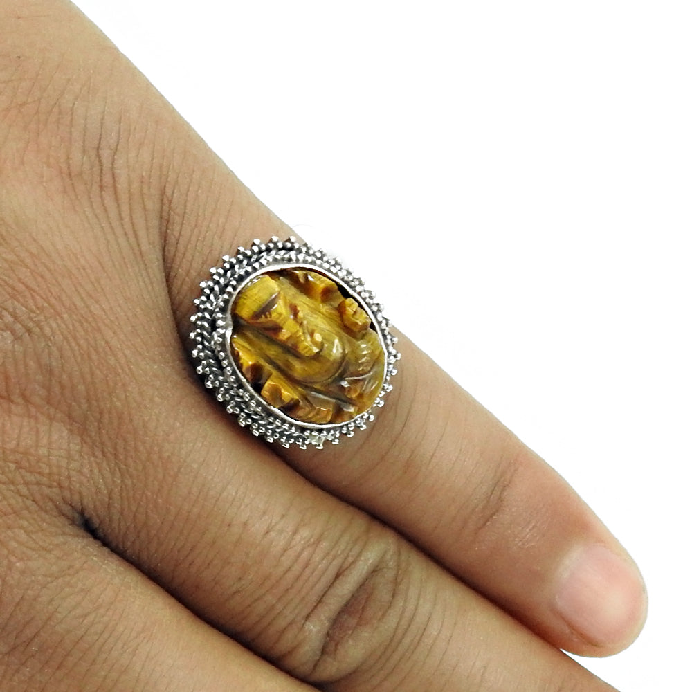 Sisters Day Sale Sterling Silver Natural Tiger Eye Cocktail Ganesha Ring