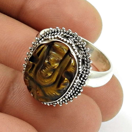 Sisters Day Sale Sterling Silver Natural Tiger Eye Cocktail Ganesha Ring