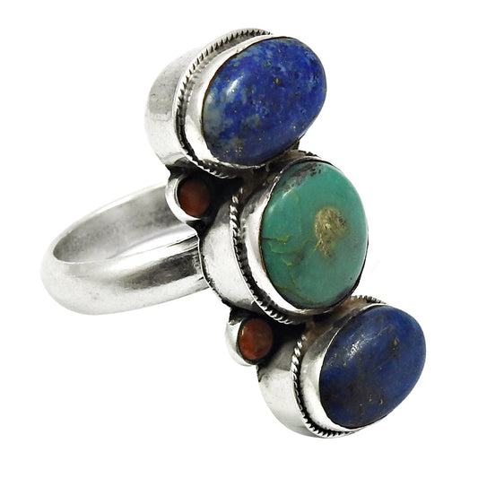 925 Sterling Silver Natural Lapis Lazuli Turquoise Coral Bohemian Ring