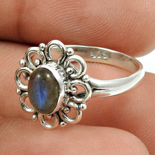 Sterling Silver Oval Labradorite Stone Tribal Art Deco Solitaire Ring
