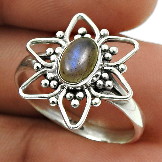 Natural Labradorite Solitaire Tribal Ring 925 Silver For Girls T26