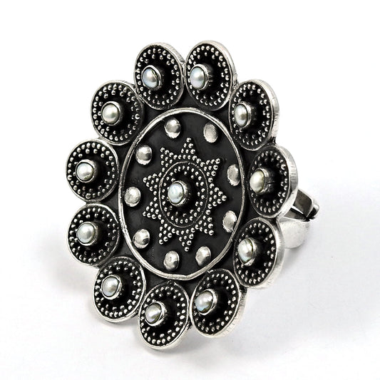 Natural Pearl 925 Silver Antique Look Oxidized Adjustable Ring For Girls Y7
