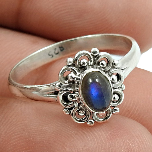 Sterling Silver Oval Natural Labradorite Tribal Solitaire Promise Ring