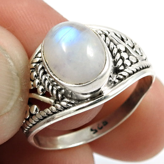 925 Sterling Silver Natural Rainbow Moonstone Statement Vintage Ring K59