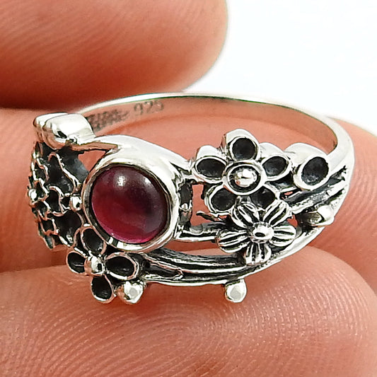 Natural Garnet Gemstone Solitaire Flower Ring 925 Silver For Women T13