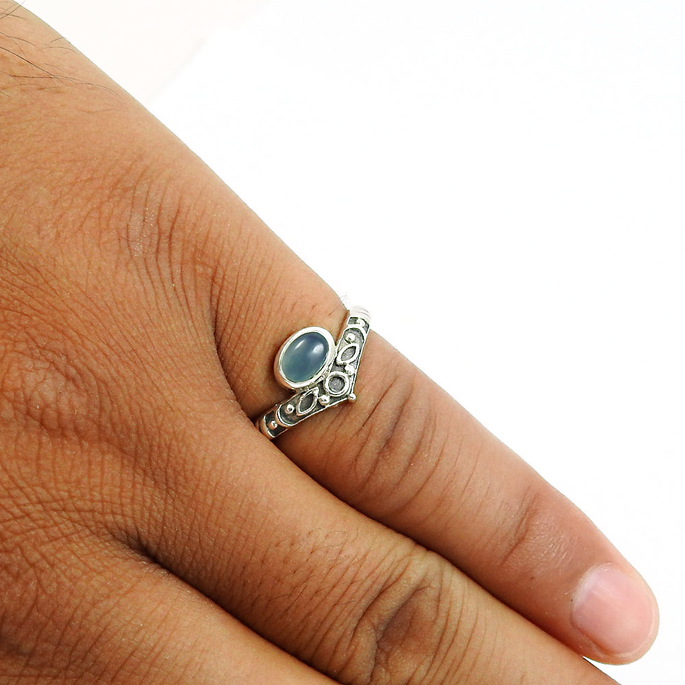Gift For Woman 925 Silver Oval Shape Natural Chalcedony Crown Ring B11