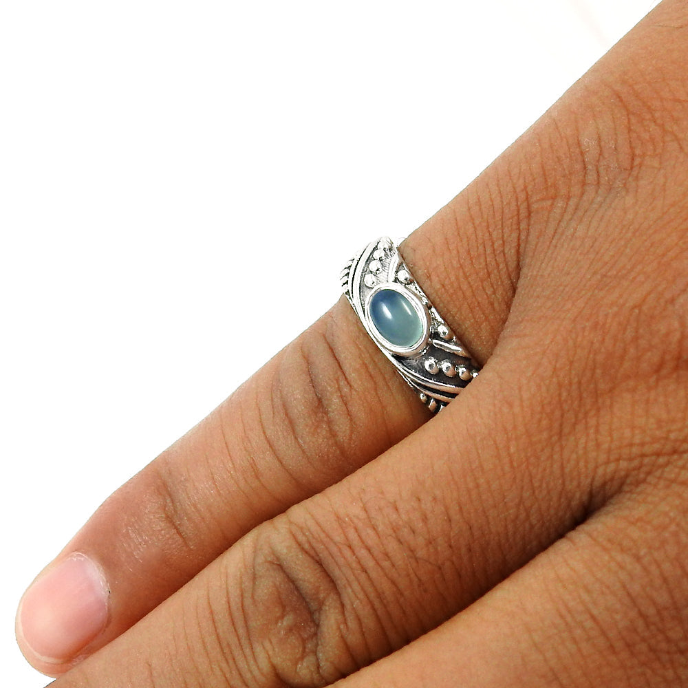 Natural Blue Chalcedony Gemstone Statement Ring 925 Sterling Silver Band