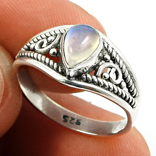 925 Silver Natural Rainbow Moonstone Statement Vintage Ring Q2