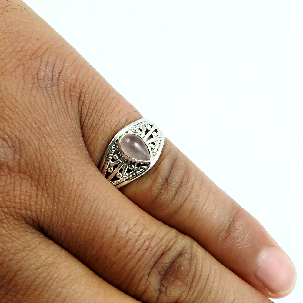Natural Rose Quartz Gemstone Statement Boho Ring 925 Silver For Women U14